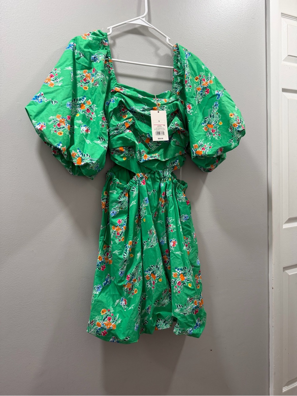 a new day Green Floral Smocked Bodice Dress cutout sides S new with tags - Picture 2 of 6